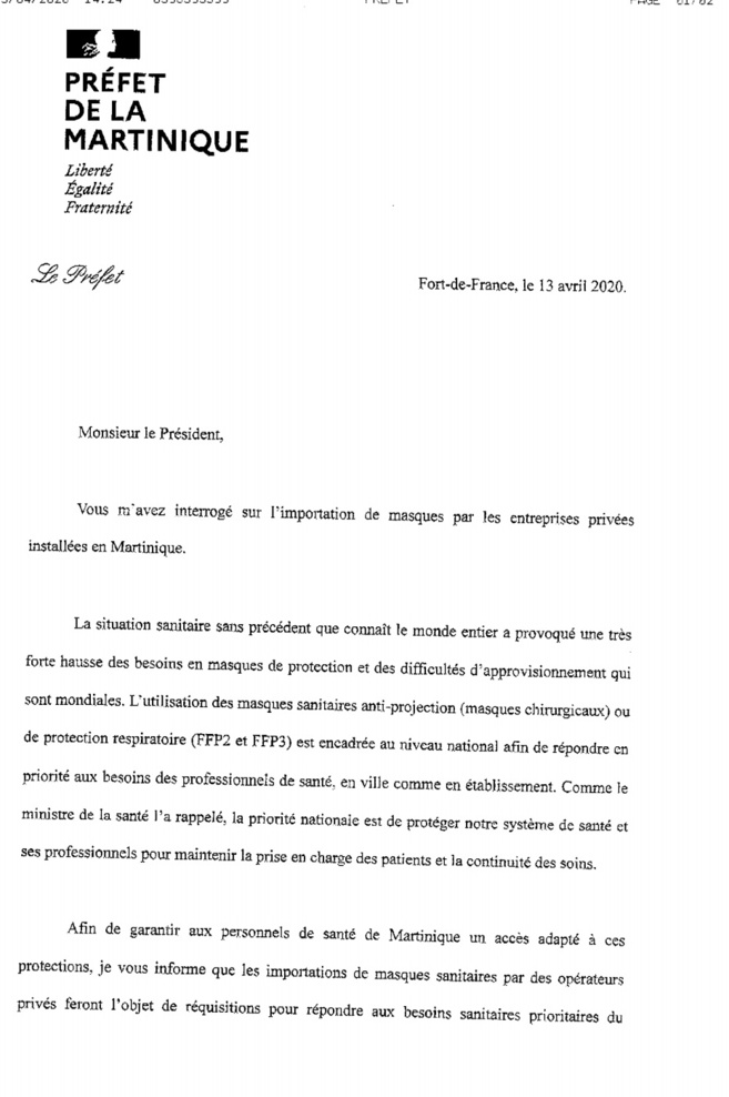 Les masques par GBH, réquisition ou don.. Le préfet met les points sur les i.   