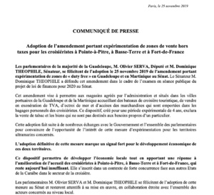 L'amendement "duty free" portant expérimentation de zones de vente hors taxes dans les régions de Guadeloupe et de Martinique. 