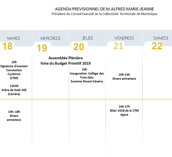 Agenda politique du président de l'exécutif de la CTM Alfred Marie Jeanne.du 17/12/2018