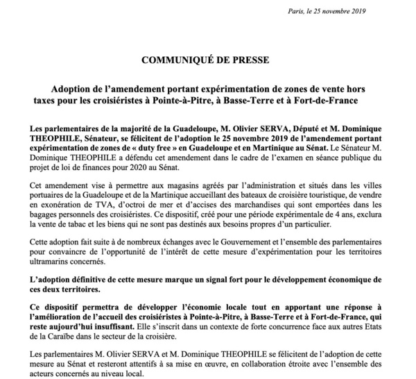 L'amendement "duty free" portant expérimentation de zones de vente hors taxes dans les régions de Guadeloupe et de Martinique. 