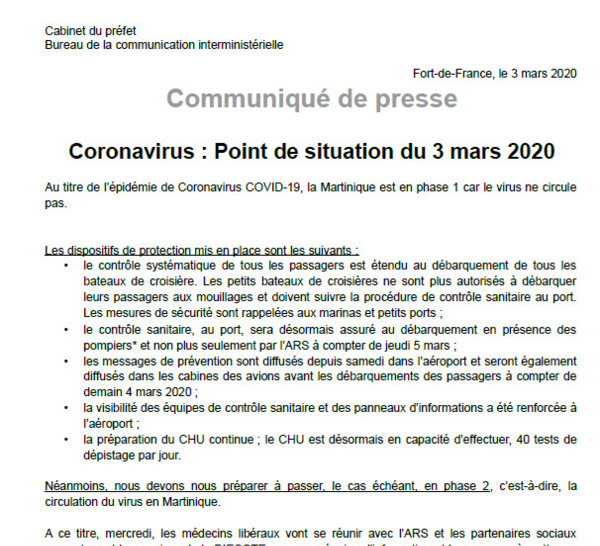 Coronavirus Bulletin journalier de la préfecture de Martinique : 3 Mars 2020