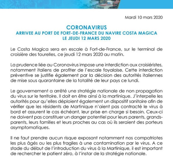 Coronavirus /  Croisière Fort de France semble dire stop ! 