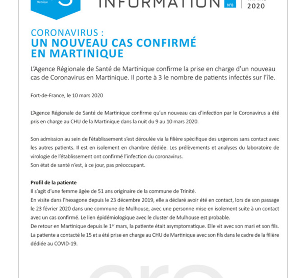 Coronavirus / 1 nouveau cas confirmé en Martinique. Pour rappel, la Martinique demeure au stade 1 de l’épidémie.